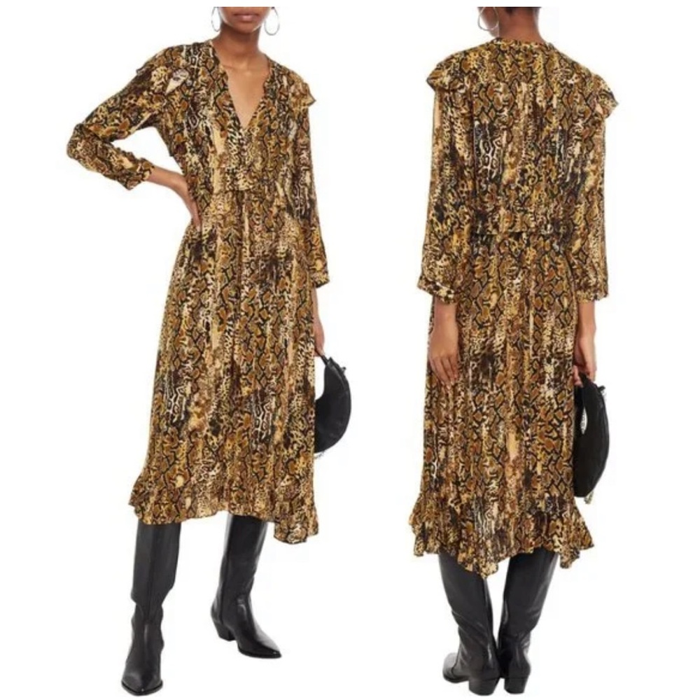 ba&sh Yellow-Brown Snake Print Midi Dress